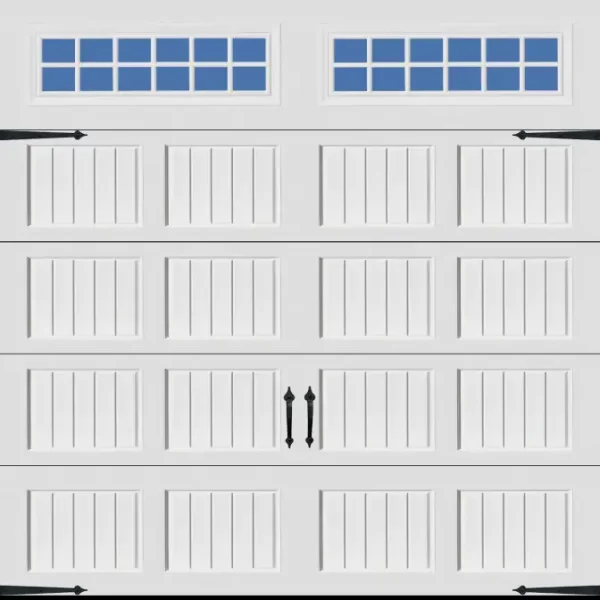 8x8 white short panel bead board garage door with stockton windows and blue ridge hardware